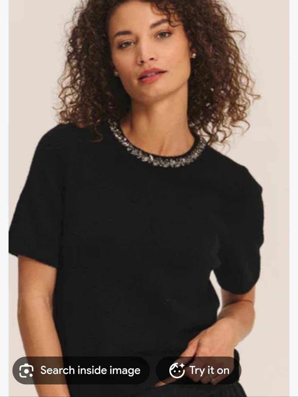 Tahari Cashmere Black Short-Sleeve Sweater with Embellished Neckline Size L